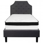 Brighton Twin Size Tufted Upholstered Platform Bed in Dark Gray Fabric with Memory Foam Mattress