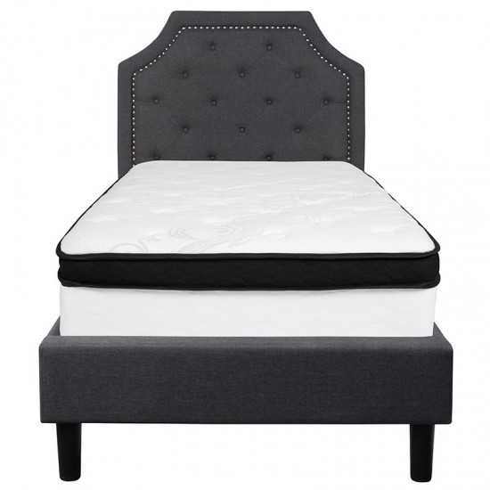 Brighton Twin Size Tufted Upholstered Platform Bed in Dark Gray Fabric with Memory Foam Mattress