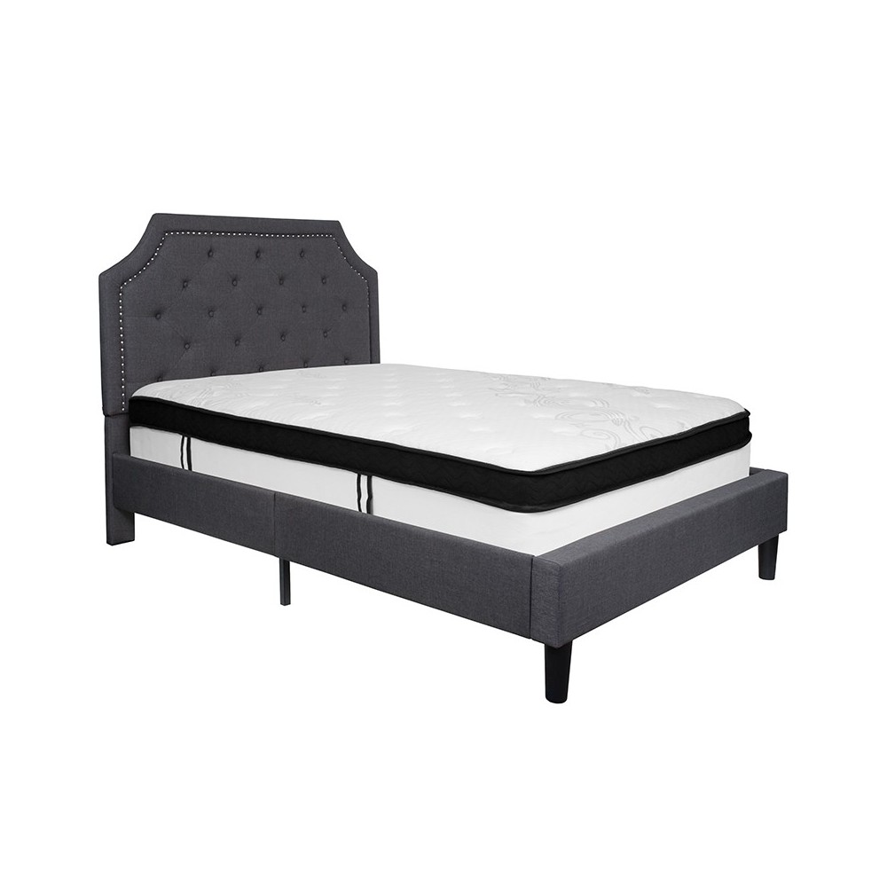 Brighton Full Size Tufted Upholstered Platform Bed in Dark Gray Fabric with Memory Foam Mattress