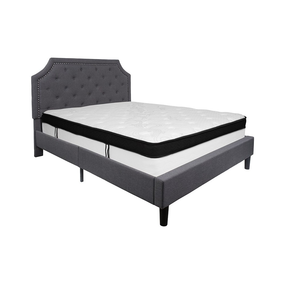 Brighton Queen Size Tufted Upholstered Platform Bed in Dark Gray Fabric with Memory Foam Mattress