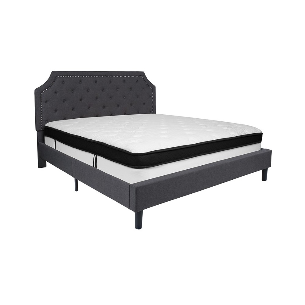 Brighton King Size Tufted Upholstered Platform Bed in Dark Gray Fabric with Memory Foam Mattress