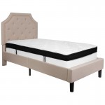 Brighton Twin Size Tufted Upholstered Platform Bed in Beige Fabric with Memory Foam Mattress