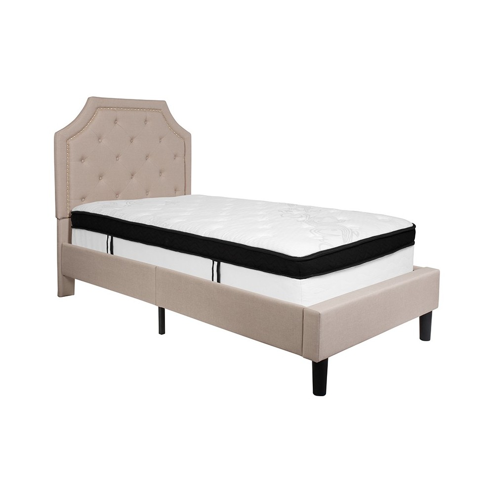 Brighton Twin Size Tufted Upholstered Platform Bed in Beige Fabric with Memory Foam Mattress