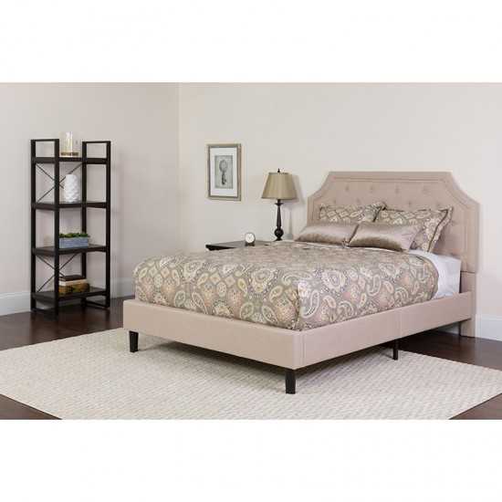 Brighton Twin Size Tufted Upholstered Platform Bed in Beige Fabric with Memory Foam Mattress