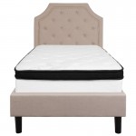 Brighton Twin Size Tufted Upholstered Platform Bed in Beige Fabric with Memory Foam Mattress