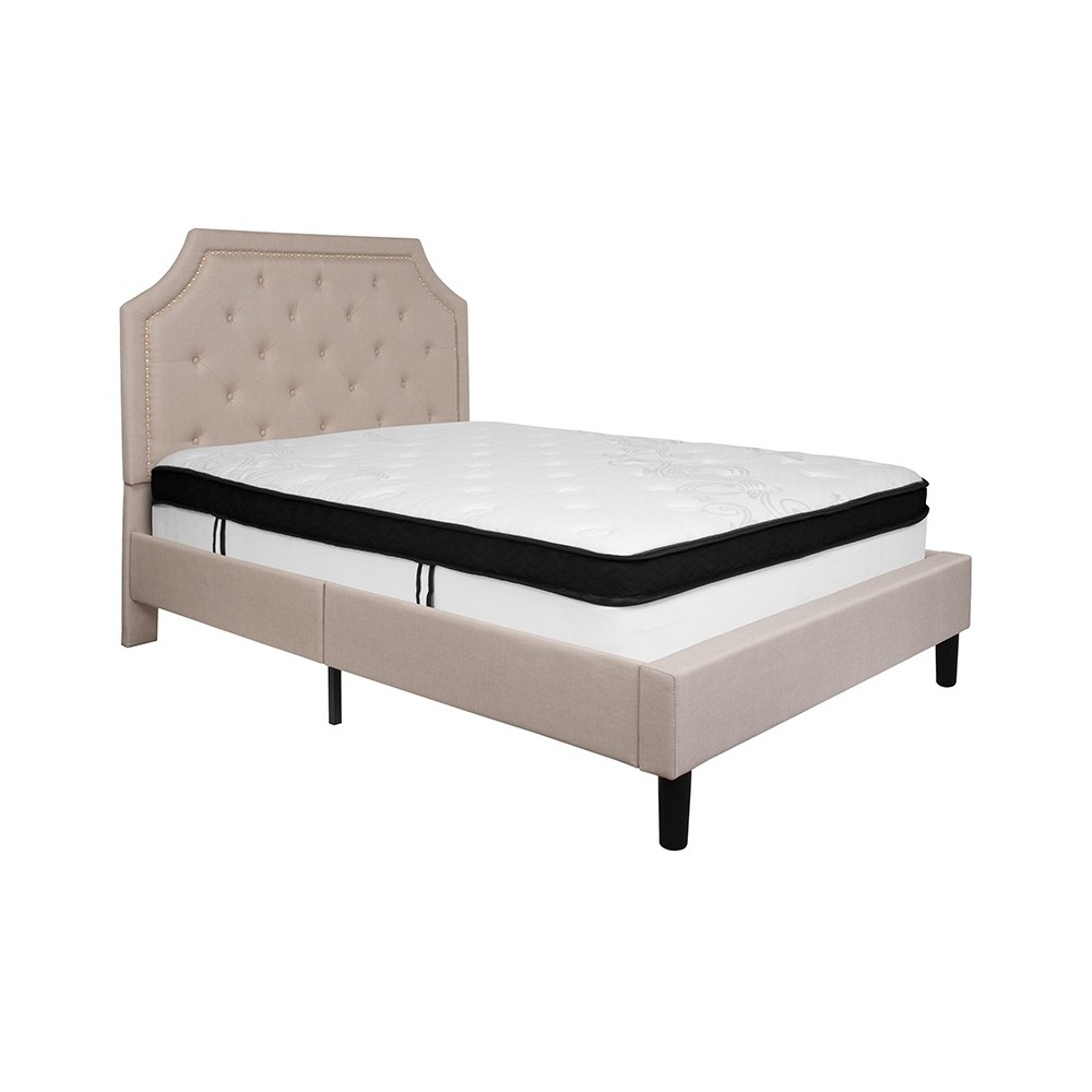 Brighton Full Size Tufted Upholstered Platform Bed in Beige Fabric with Memory Foam Mattress