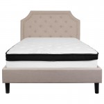 Brighton Full Size Tufted Upholstered Platform Bed in Beige Fabric with Memory Foam Mattress