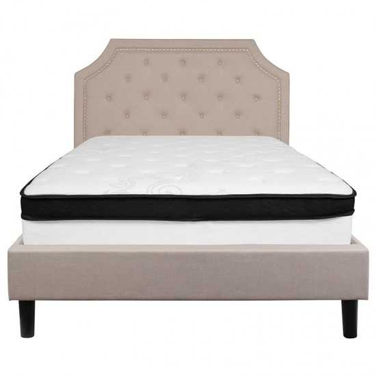 Brighton Full Size Tufted Upholstered Platform Bed in Beige Fabric with Memory Foam Mattress