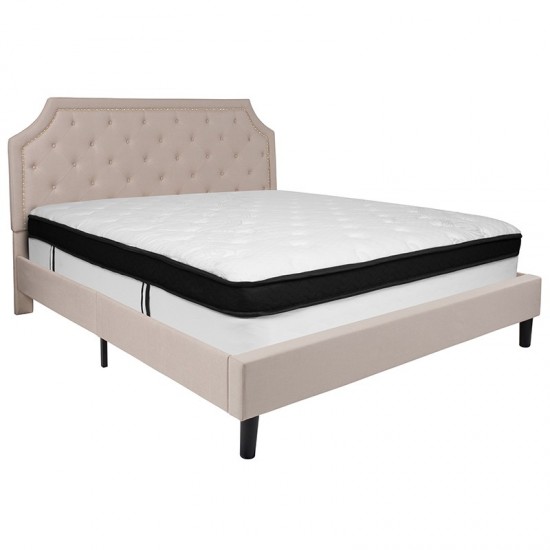 Brighton King Size Tufted Upholstered Platform Bed in Beige Fabric with Memory Foam Mattress