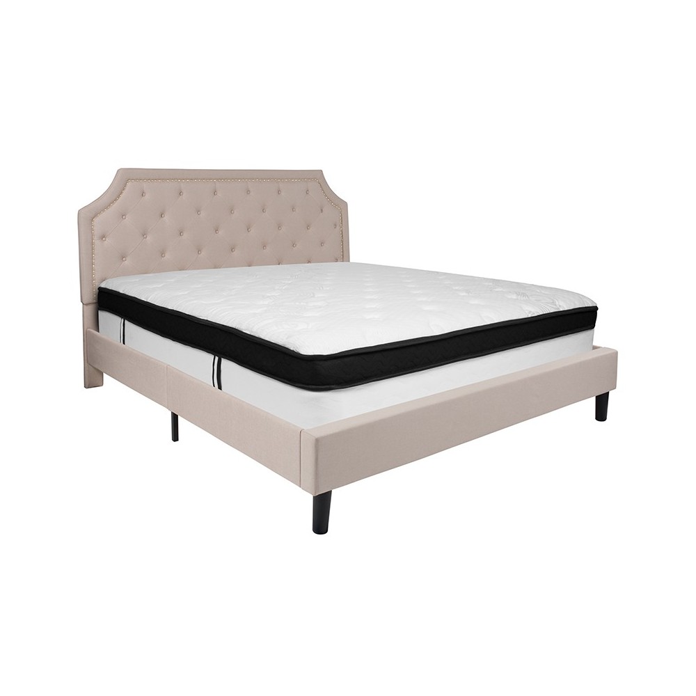 Brighton King Size Tufted Upholstered Platform Bed in Beige Fabric with Memory Foam Mattress Brighton King Size Tufted Upholstered Platform Bed in Beige Fabric with Memory Foam Mattress
