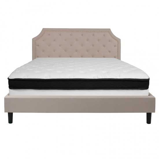 Brighton King Size Tufted Upholstered Platform Bed in Beige Fabric with Memory Foam Mattress