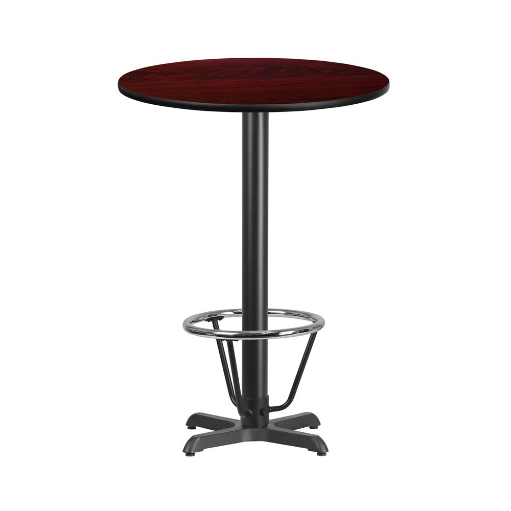 30'' Round Mahogany Laminate Table Top with 22'' x 22'' Bar Height Table Base and Foot Ring 30'' Round Mahogany Laminate Table Top with 22'' x 22'' Bar Height Table Base and Foot Ring