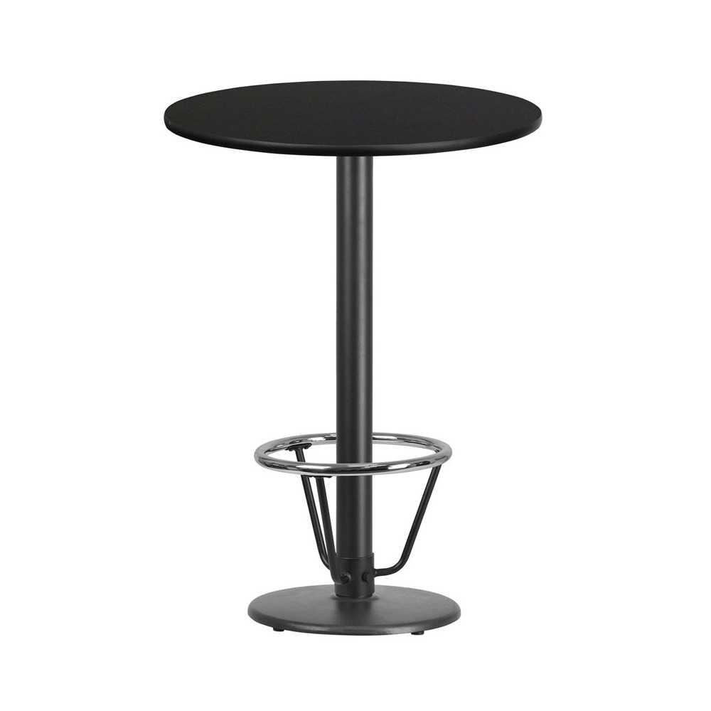 30'' Round Black Laminate Table Top with 18'' Round Bar Height Table Base and Foot Ring 30'' Round Black Laminate Table Top with 18'' Round Bar Height Table Base and Foot Ring