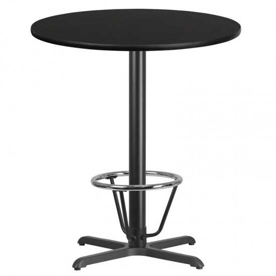 36'' Round Black Laminate Table Top with 30'' x 30'' Bar Height Table Base and Foot Ring