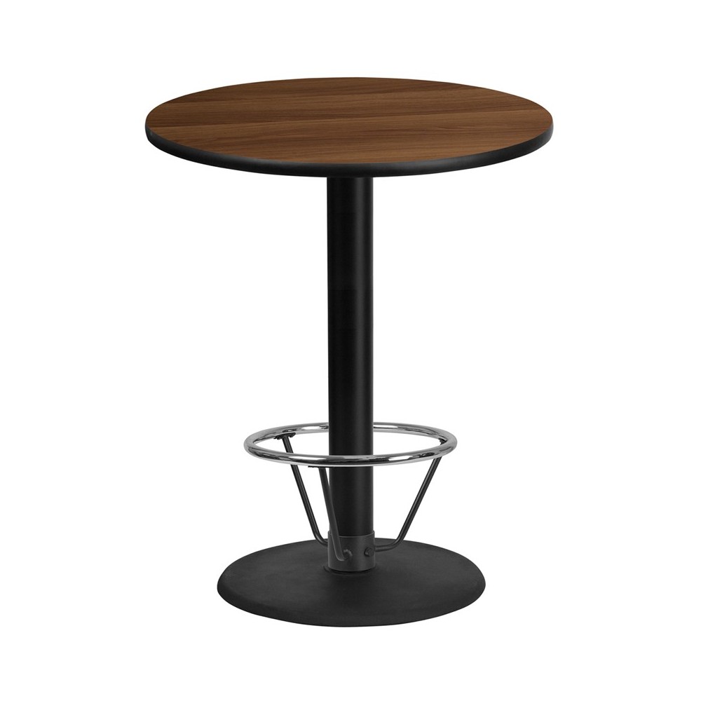36'' Round Walnut Laminate Table Top with 24'' Round Bar Height Table Base and Foot Ring 36'' Round Walnut Laminate Table Top with 24'' Round Bar Height Table Base and Foot Ring