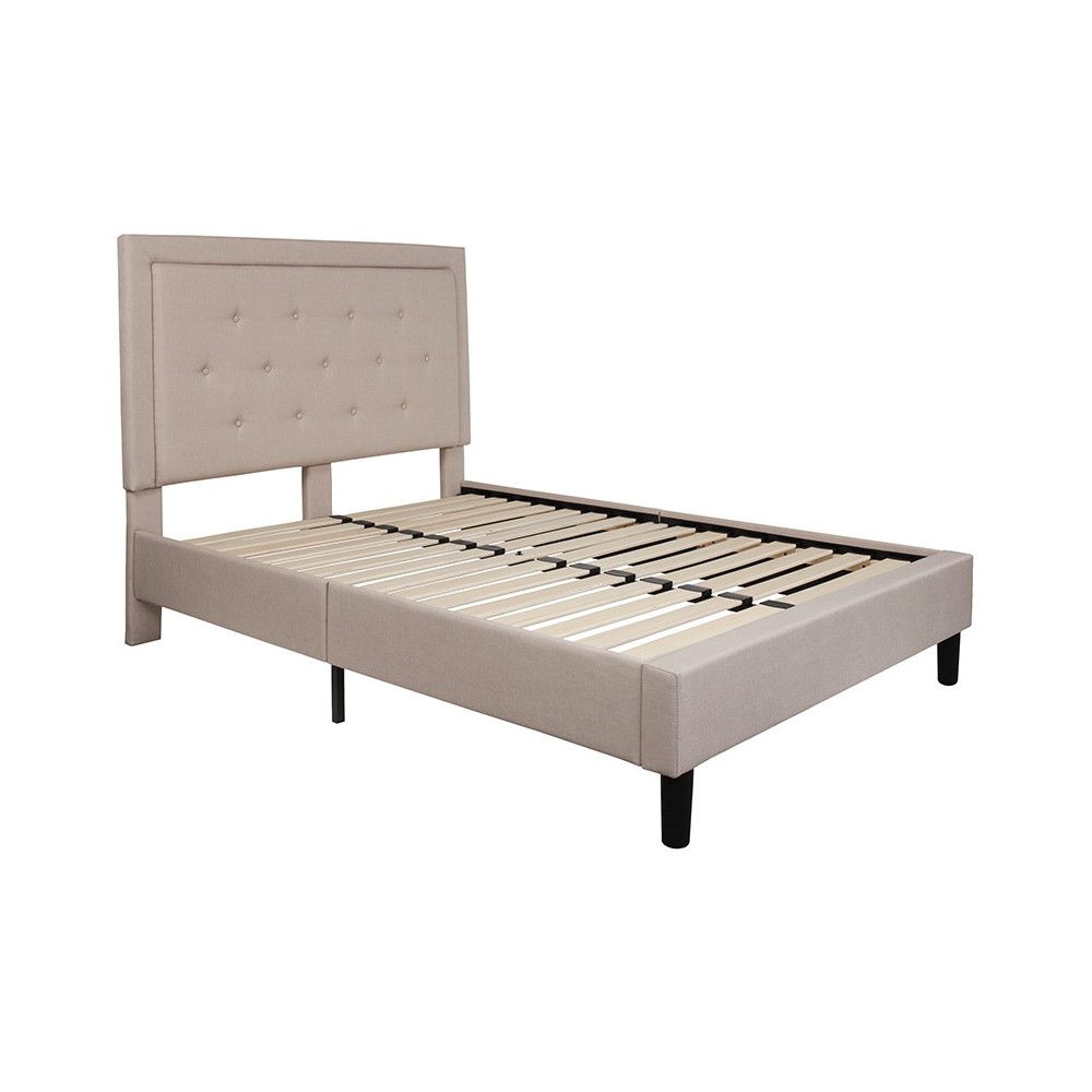 Roxbury Full Size Tufted Upholstered Platform Bed in Beige Fabric