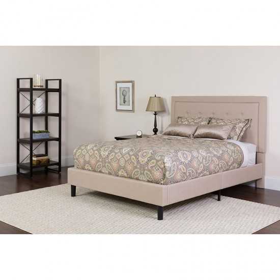 Roxbury Full Size Tufted Upholstered Platform Bed in Beige Fabric