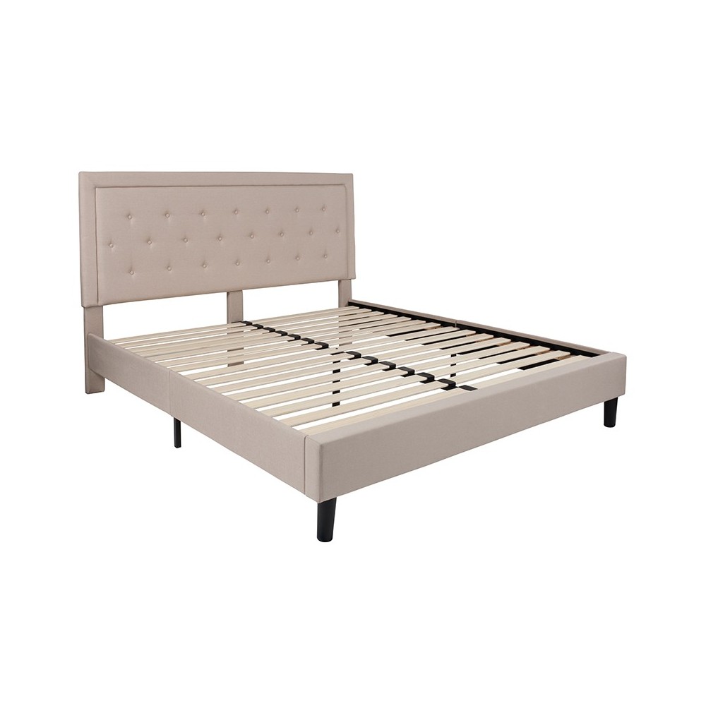 Roxbury King Size Tufted Upholstered Platform Bed in Beige Fabric