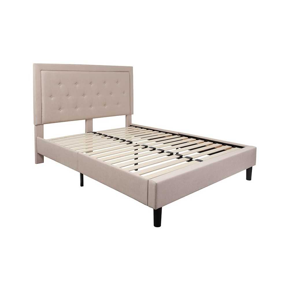 Roxbury Queen Size Tufted Upholstered Platform Bed in Beige Fabric Roxbury Queen Size Tufted Upholstered Platform Bed in Beige Fabric