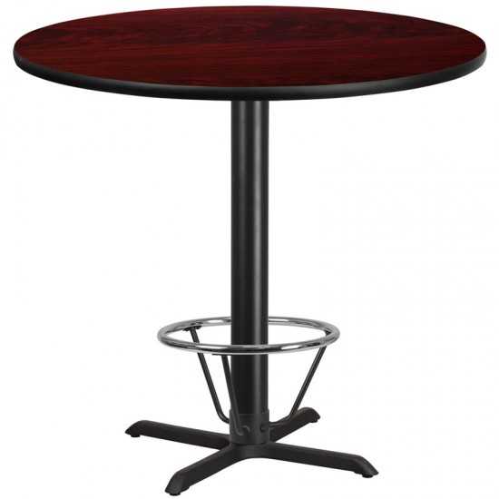 42'' Round Mahogany Laminate Table Top with 33'' x 33'' Bar Height Table Base and Foot Ring