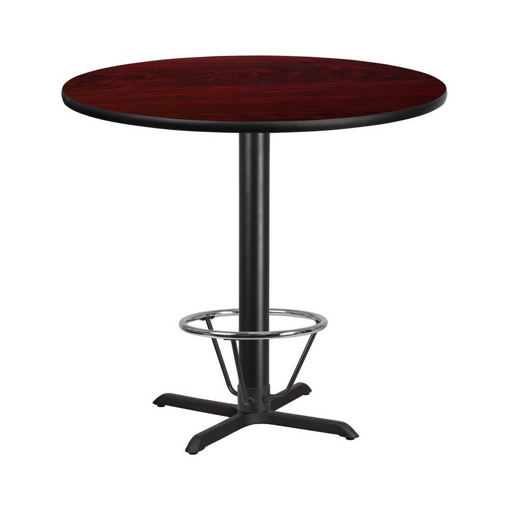 42'' Round Mahogany Laminate Table Top with 33'' x 33'' Bar Height Table Base and Foot Ring 42'' Round Mahogany Laminate Table Top with 33'' x 33'' Bar Height Table Base and Foot Ring