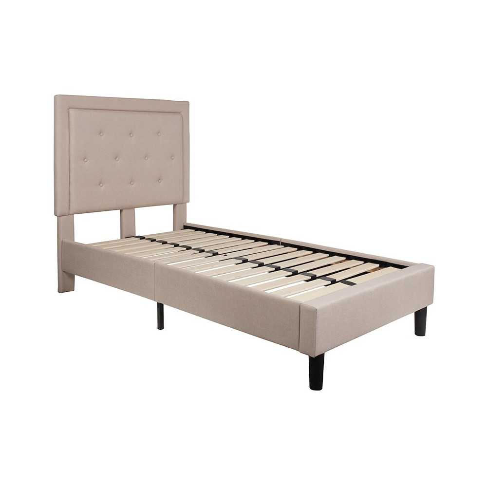 Roxbury Twin Size Tufted Upholstered Platform Bed in Beige Fabric