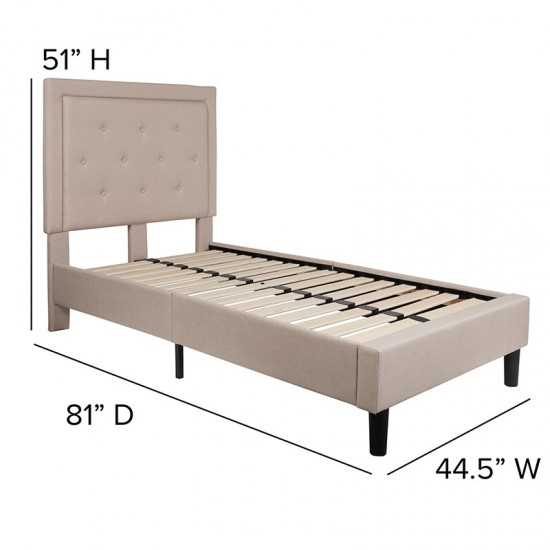 Roxbury Twin Size Tufted Upholstered Platform Bed in Beige Fabric