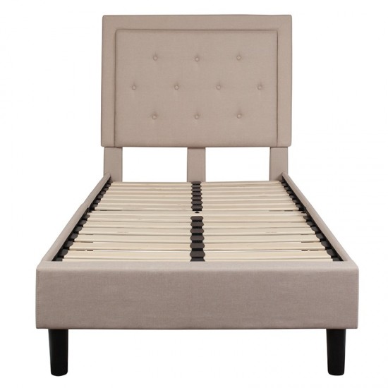 Roxbury Twin Size Tufted Upholstered Platform Bed in Beige Fabric