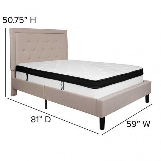 Roxbury Full Size Tufted Upholstered Platform Bed in Beige Fabric with Memory Foam Mattress