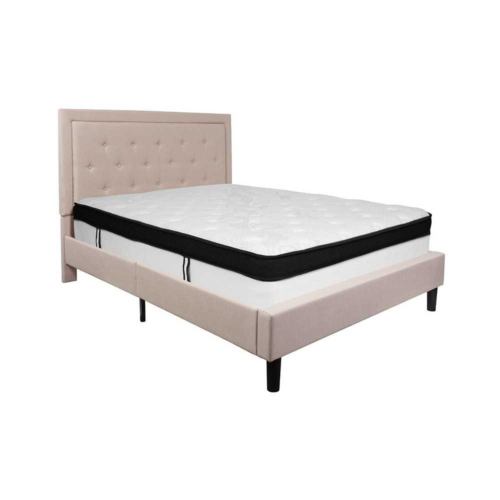 Roxbury Queen Size Tufted Upholstered Platform Bed in Beige Fabric with Memory Foam Mattress