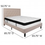 Roxbury Queen Size Tufted Upholstered Platform Bed in Beige Fabric with Memory Foam Mattress