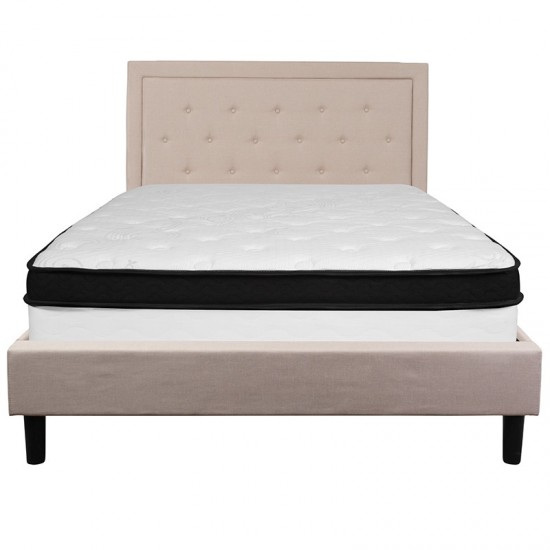 Roxbury Queen Size Tufted Upholstered Platform Bed in Beige Fabric with Memory Foam Mattress