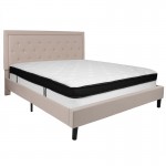 Roxbury King Size Tufted Upholstered Platform Bed in Beige Fabric with Memory Foam Mattress