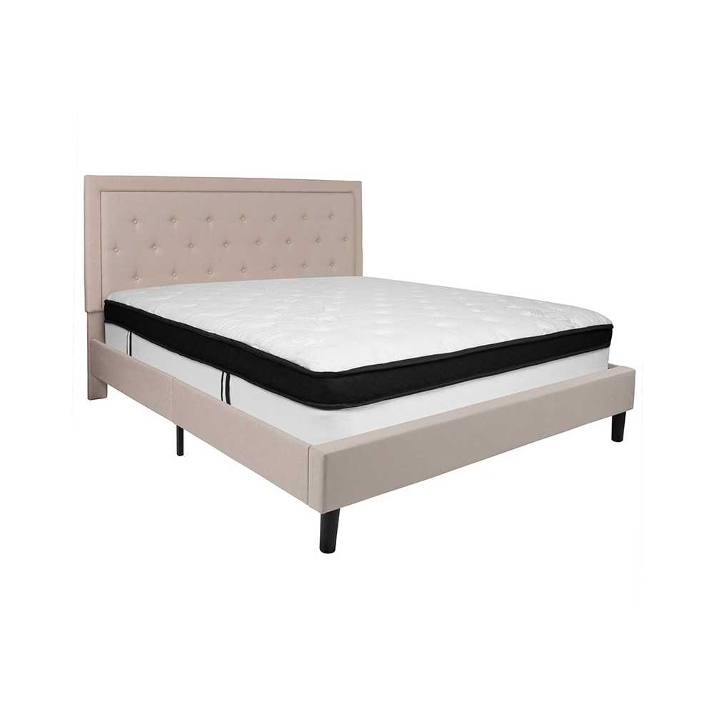 Roxbury King Size Tufted Upholstered Platform Bed in Beige Fabric with Memory Foam Mattress