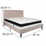 Roxbury King Size Tufted Upholstered Platform Bed in Beige Fabric with Memory Foam Mattress