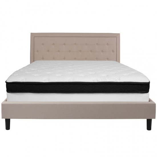 Roxbury King Size Tufted Upholstered Platform Bed in Beige Fabric with Memory Foam Mattress