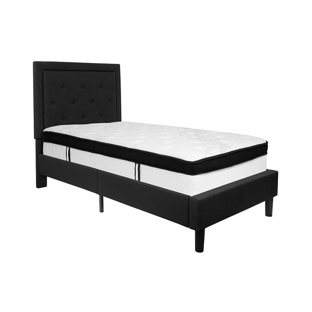 Roxbury Twin Size Tufted Upholstered Platform Bed in Black Fabric with Memory Foam Mattress