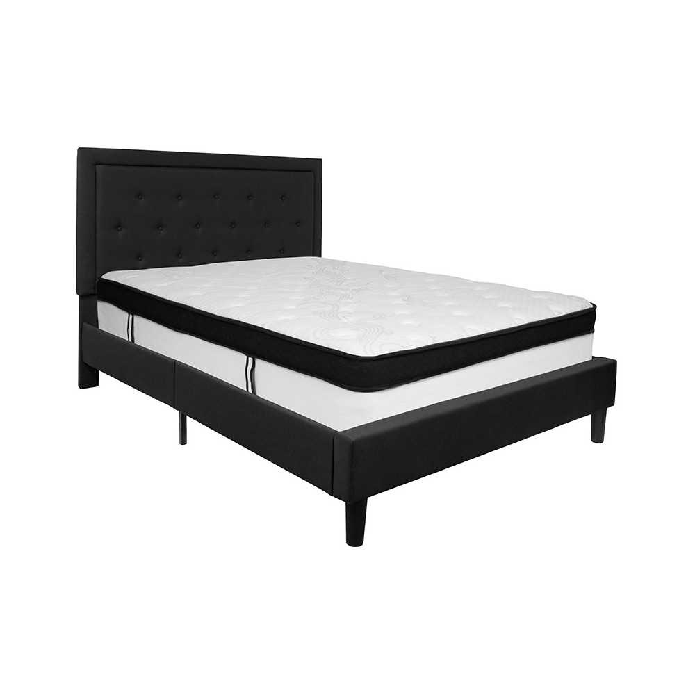 Roxbury Queen Size Tufted Upholstered Platform Bed in Black Fabric with Memory Foam Mattress