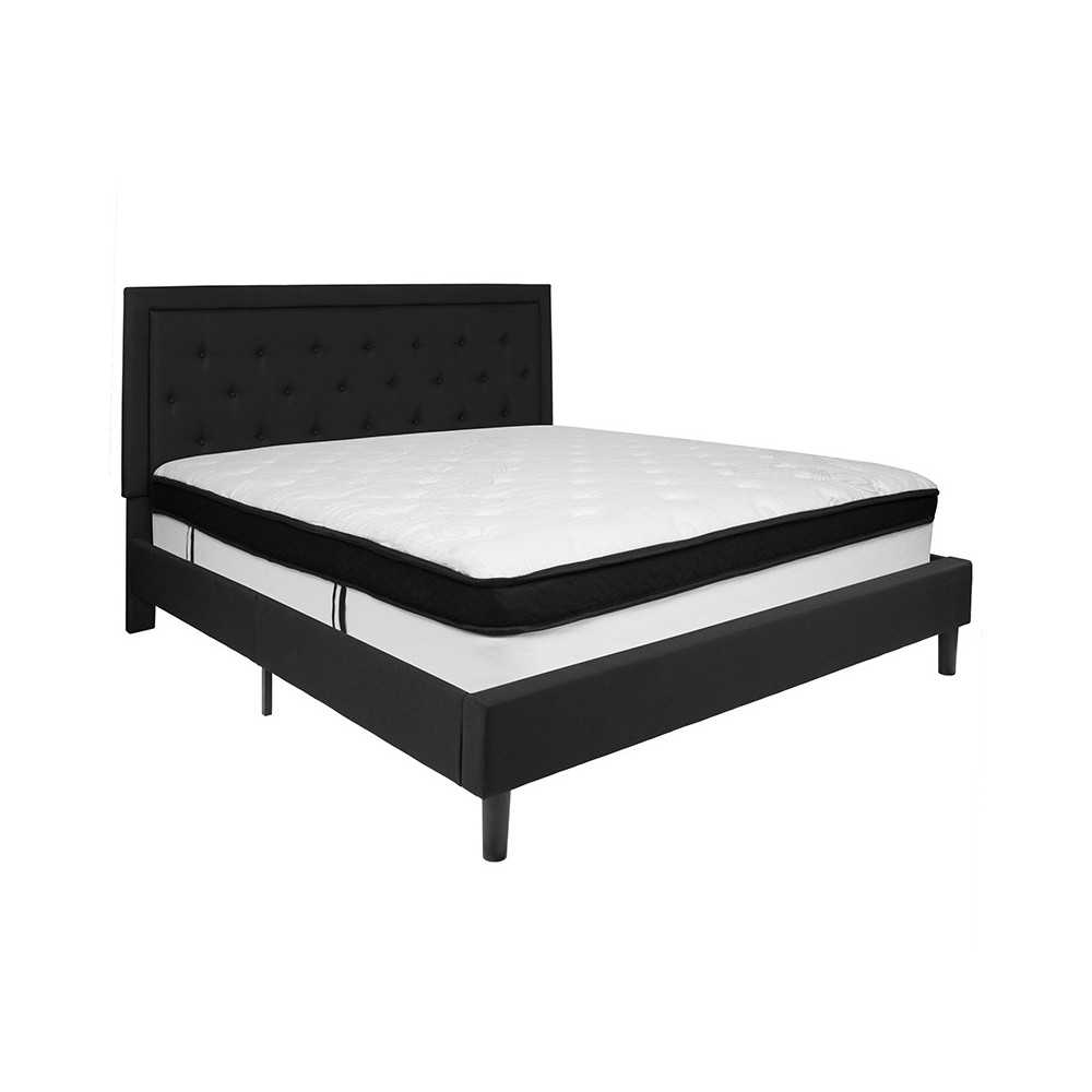 Roxbury King Size Tufted Upholstered Platform Bed in Black Fabric with Memory Foam Mattress