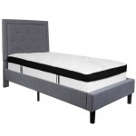 Roxbury Twin Size Tufted Upholstered Platform Bed in Light Gray Fabric with Memory Foam Mattress