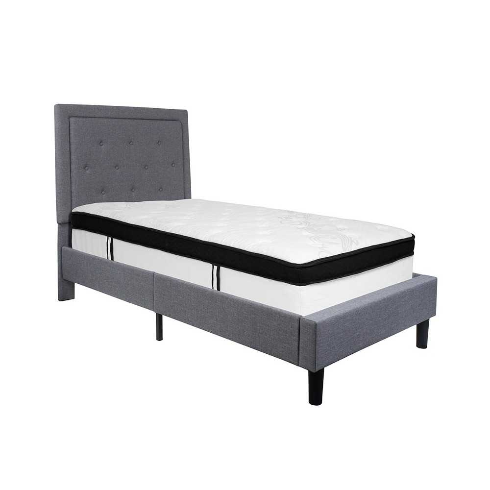 Roxbury Twin Size Tufted Upholstered Platform Bed in Light Gray Fabric with Memory Foam Mattress