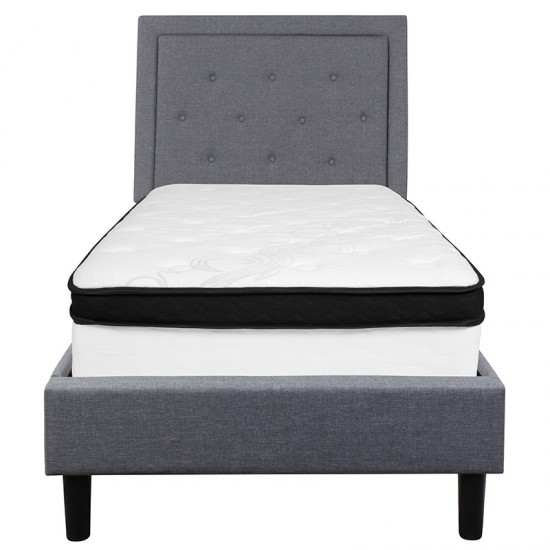 Roxbury Twin Size Tufted Upholstered Platform Bed in Light Gray Fabric with Memory Foam Mattress