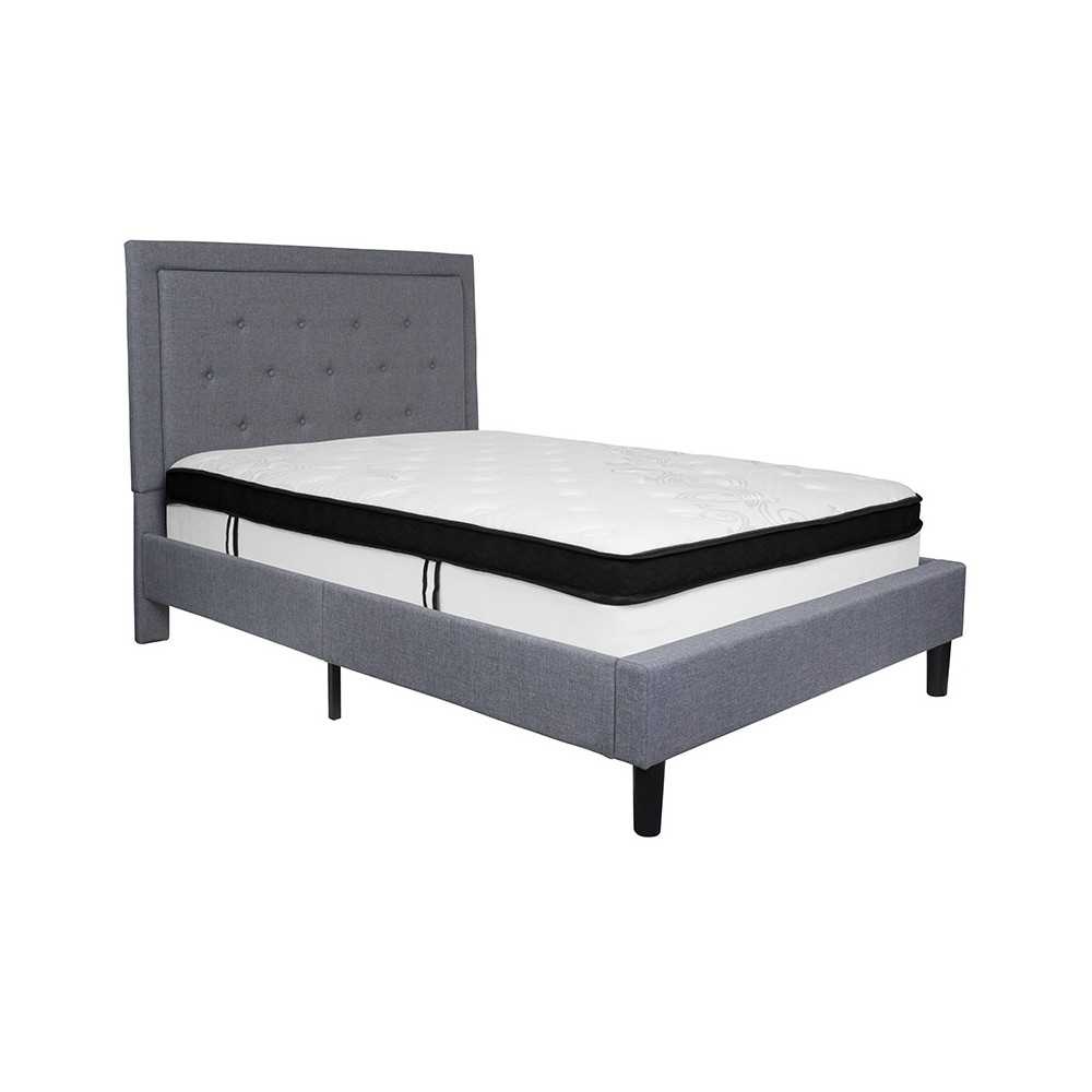 Roxbury Full Size Tufted Upholstered Platform Bed in Light Gray Fabric with Memory Foam Mattress Roxbury Full Size Tufted Upholstered Platform Bed in Light Gray Fabric with Memory Foam Mattress