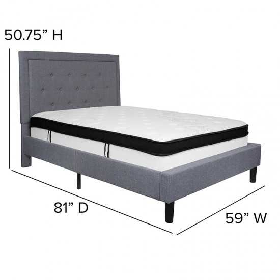 Roxbury Full Size Tufted Upholstered Platform Bed in Light Gray Fabric with Memory Foam Mattress