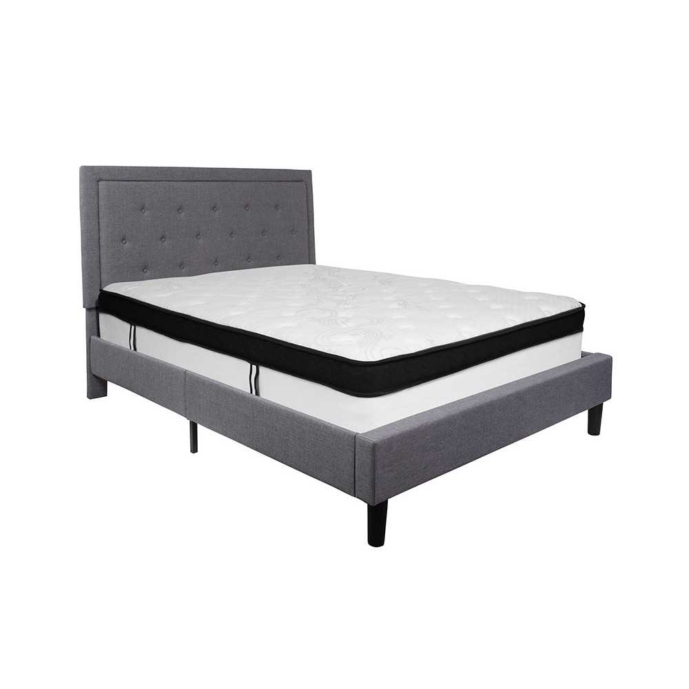 Roxbury Queen Size Tufted Upholstered Platform Bed in Light Gray Fabric with Memory Foam Mattress