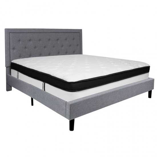 Roxbury King Size Tufted Upholstered Platform Bed in Light Gray Fabric with Memory Foam Mattress