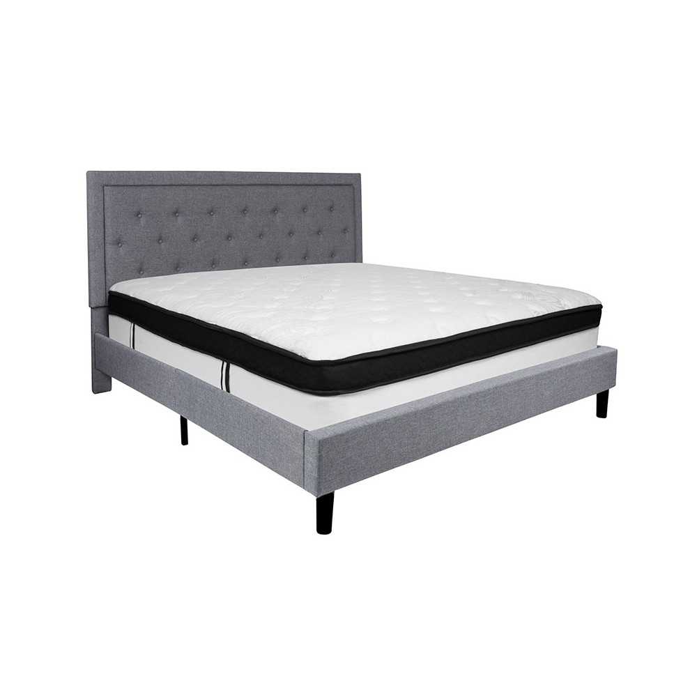 Roxbury King Size Tufted Upholstered Platform Bed in Light Gray Fabric with Memory Foam Mattress