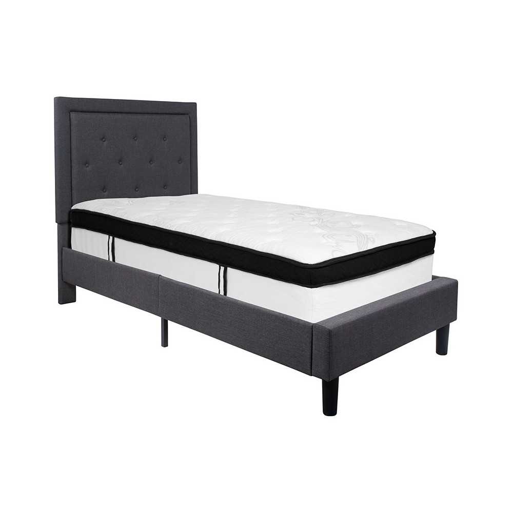 Roxbury Twin Size Tufted Upholstered Platform Bed in Dark Gray Fabric with Memory Foam Mattress