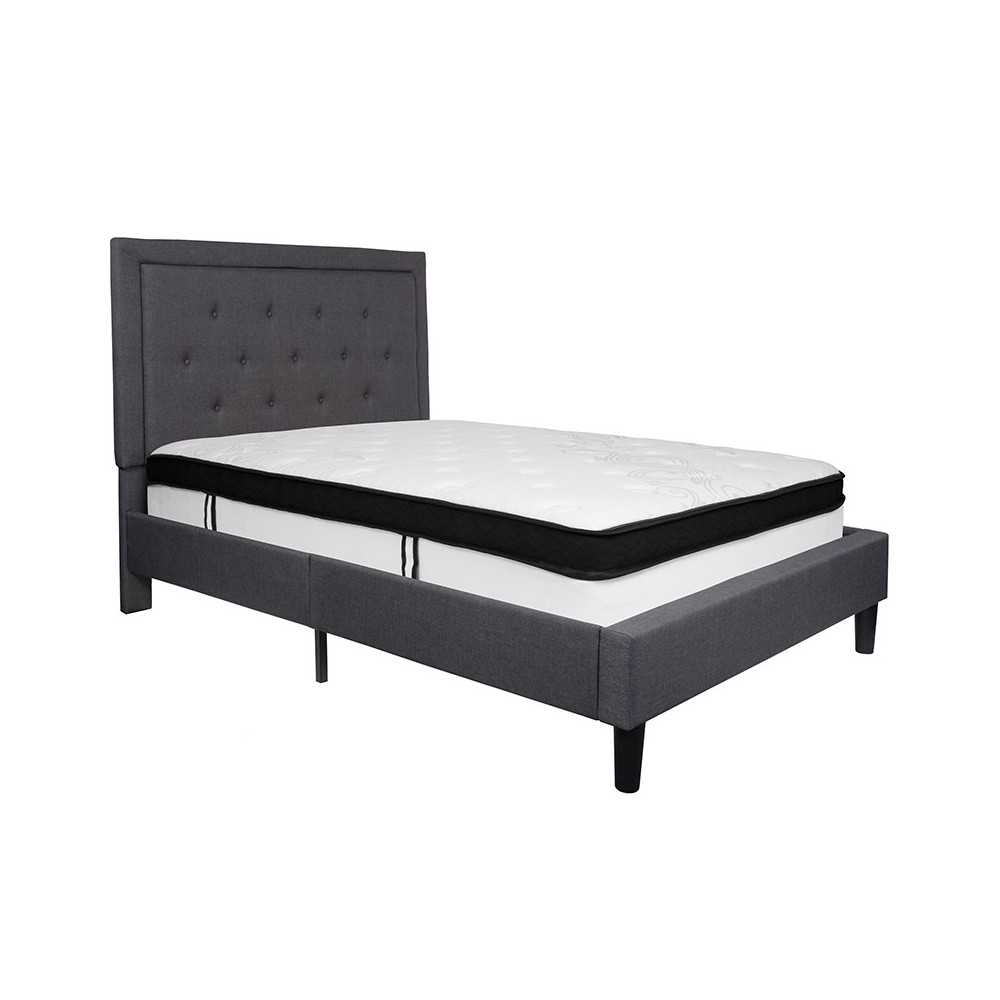 Roxbury Full Size Tufted Upholstered Platform Bed in Dark Gray Fabric with Memory Foam Mattress