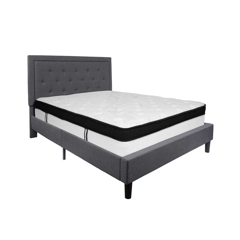 Roxbury Queen Size Tufted Upholstered Platform Bed in Dark Gray Fabric with Memory Foam Mattress